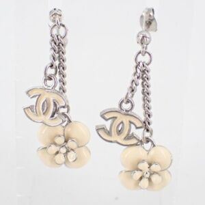 Chanel silver cream drop earrings w/ CC and Camelia
